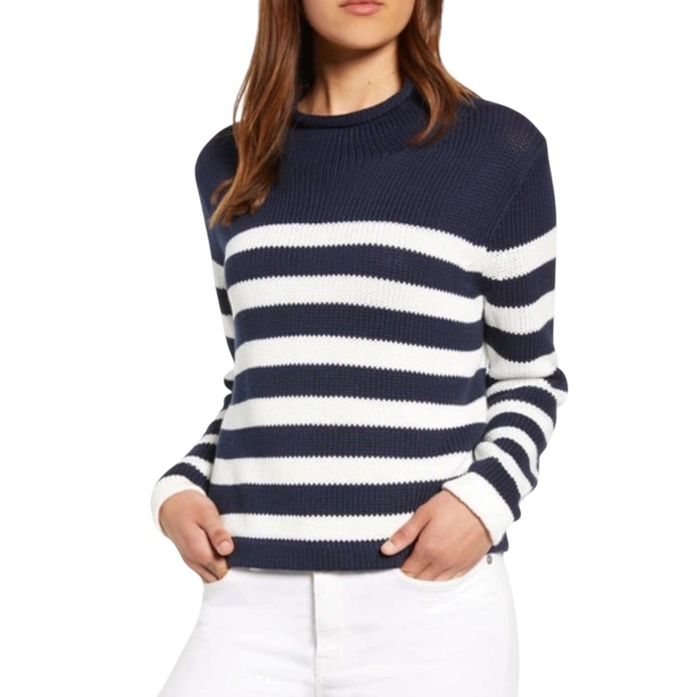 J Crew Always Womens XS Navy White Striped Cotton Mock Neck Shaker Knit Sweater